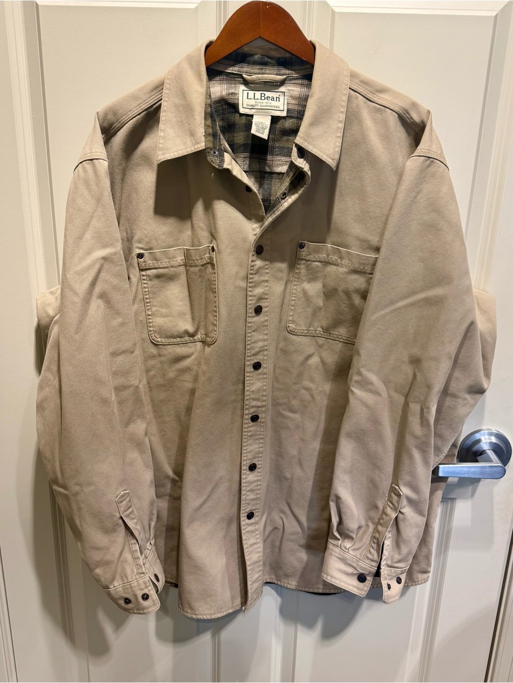 LL Bean Barn Chore Jacket Coat Men’s XXL REG Beige Snap Canvas Flannel Lined 2XL
